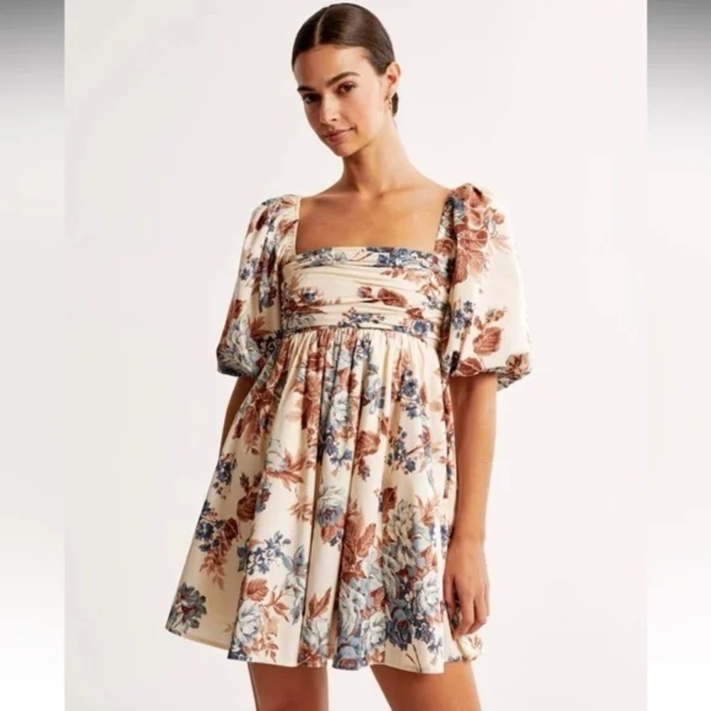 Abercrombie & Fitch Floral Mini Dress - Cream, Blue, Brown